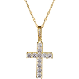 Luxurious gold stainless steel cross necklace featuring sparkling square zircon stones