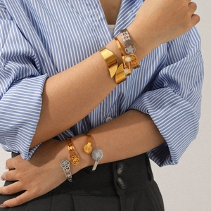 Stainless Steel Cuff Bracelets Gold Silver Two Tone Roman Numerals Star Flower Hollow Out Wide Open Adjustable Jewelry