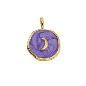 Gold round pendant featuring purple enamel swirl texture and 3D moon motif detail