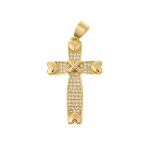 Detailed view of a gold cross pendant with micro-set zircons and heart-shaped ends