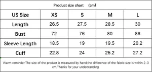 Detailed size chart for slim fit knit top showing US XS to L measurements in centimeters