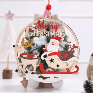Wooden round Christmas hanging ornament with Santa sleigh design and Merry Christmas text