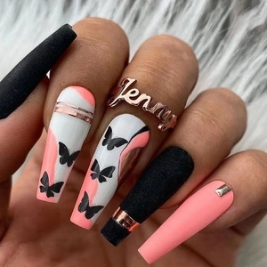 Matte Black Coral Pink Butterfly Pattern Long Coffin Press On Nails European Style Ballerina Fake Nails For Women Daily Party