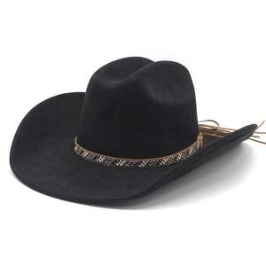 Detail of black suede cowboy hat featuring tribal beaded band and leather tassels