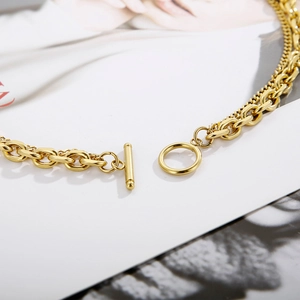 Double-layered gold punk style titanium steel necklace with a classic toggle clasp detail