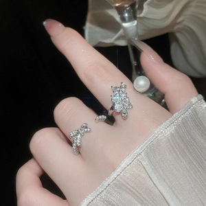 Zircon Bow Imitation Artificial Pearl Open Ring Adjustable Copper Elegant Wedding Party Jewelry For Women