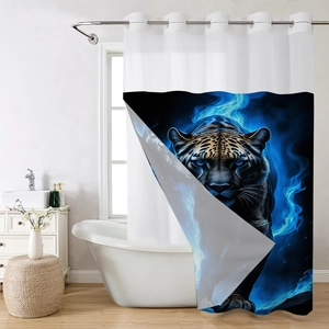 Blue fire leopard shower curtain in a white bathroom setting with metal grommet detail