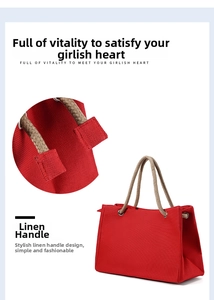 Detailed view of a red linen tote bag featuring a durable braided hemp rope handle