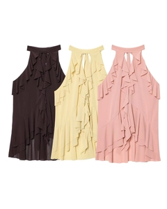 Flat lay of sleeveless halter neck tops with tiered ruffles in brown, yellow and pink