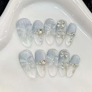Unghie Finte A Pressione Farfalla Sfumatura Blu 3D Trifoglio Strass Perla Artificial Occhio Di Gatto Mandorla Lunghe Per Donne