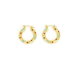 18K gold plated titanium hoop earrings with red and blue zircon stones for women