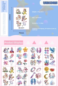 Set tatuaggi temporanei unicorno per bambini con misure 120x76mm e dettagli impermeabili