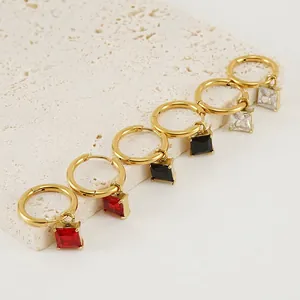 Hoop Earrings 18K Gold Plated Stainless Steel With Square Colorful Cubic Zirconia Pendant Geometric For Women