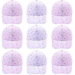 Toddler girls pink baseball cap with colorful rainbow print patterns in multiple views