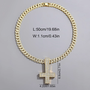 Luxurious gold iced-out inverted cross pendant with 50cm cuban chain necklace