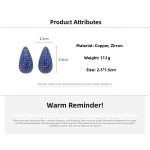 Detailed size specifications and material info for water drop earrings with blue zircon