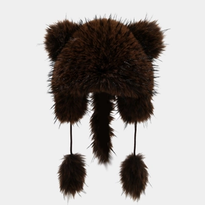 Brown faux fur trapper hat for women with cute animal ears and plush pompom ties