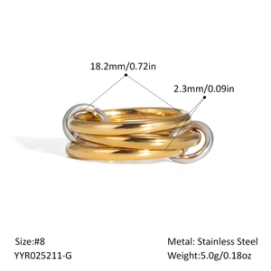 Detail view of interlocking tricolor stainless steel ring with 18.2mm diameter size specs