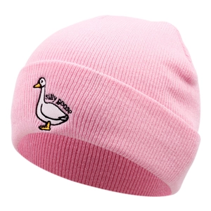 Close-up of pink knit beanie featuring white silly goose embroidery and orange details