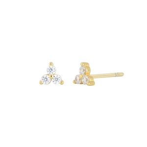 S925 sterling silver triangle stud earrings with three sparkling zircons in gold finish