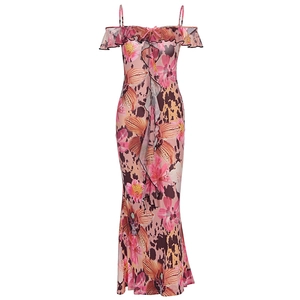 Detail of floral and leopard print mix on summer dress with decorative ruffles