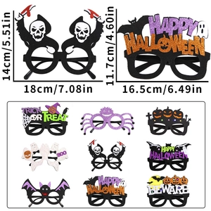 Nine Halloween party glasses featuring bats, pumpkins, and spiders with size details