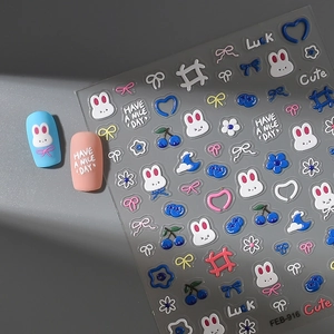 5D embossed rabbit and blueberry nail stickers with 3D relief texture on grey background