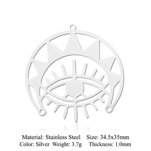 Detail view of silver stainless steel eye pendant with specifications and measurements