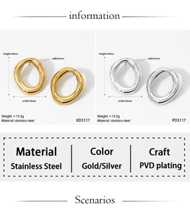 Detailed spec sheet showing dimensions and PVD plating of gold and silver irregular earrings
