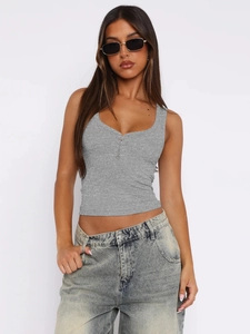 Detail of grey ribbed tank top with front buttons and fitted Y2K style design