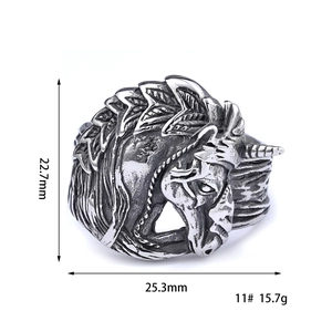 Detailed view of vintage unicorn ring showing dimensions 22.7mm height and 25.3mm width