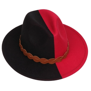 Detailed view of bicolor wool felt fedora featuring black and red gradient with leather band