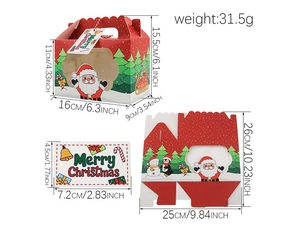 Detailed dimensions of a red Christmas treat box with Santa and snowman patterns