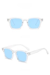 Lentes azul océano en montura cuadrada transparente, vistas frontal y lateral