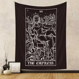Detail of gothic black and white The Empress tarot tapestry with skull and cup design