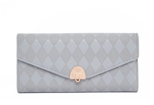 Detail of light blue PU wallet featuring quilted texture and golden V-shaped metal lock