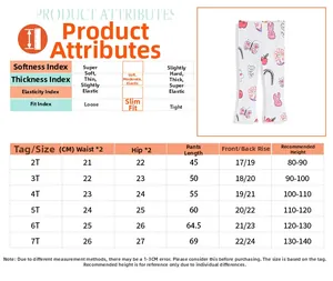 Detailed size guide table for girls' printed flare leggings with fit and fabric specs