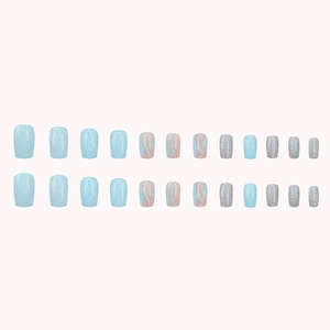24pcs light blue press-on nails with wavy patterns and glitter in square-oval shape