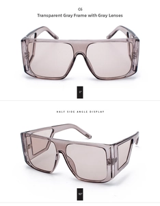 Detailed views of oversized square sunglasses in transparent grey frame and matching lenses