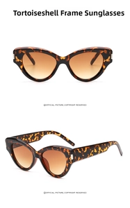 Detail view of retro cat-eye sunglasses with tortoise frame and brown gradient lenses
