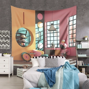 Detailed texture of bohemian tapestry featuring colorful geometric art in a bedroom setting