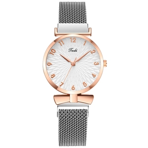 Women's quartz watch with rose gold case, dark grey magnetic mesh band and white dial