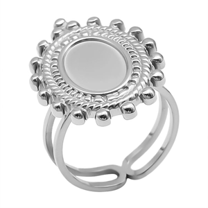 Detailed shot of adjustable silver 304 stainless steel ring with sunburst pattern