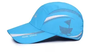 Detail view of the breathable mesh splicing and silver reflective strip on this blue sports cap
