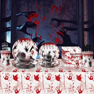Halloween Disposable Tableware Paper Plates Cups Napkins Tablecloth Cutlery Blood Handprint Horror Party Decorations