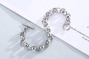Macro shot of silver titanium steel chain bracelet with a vintage toggle clasp design