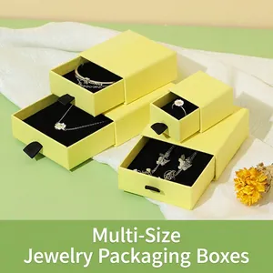 Yellow Drawer Jewelry Box Cardboard Gift Packaging With Ribbon Pull Black Velvet Lining For Rings Necklaces Earrings Storage