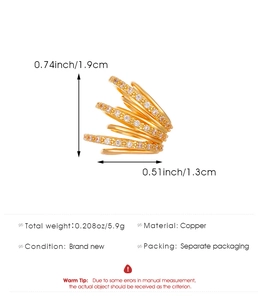 Detailed size specifications for the gold multi-layer zircon ear cuff made of copper