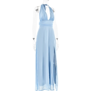 Detail of light blue halter V-neck maxi dress with sexy high slit for summer fashion