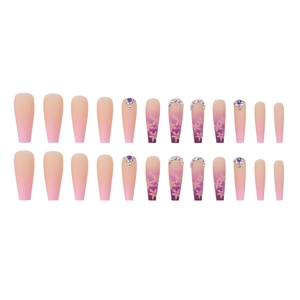Detail of 24pcs pink purple gradient matte press-on nails with flowers and rhinestones